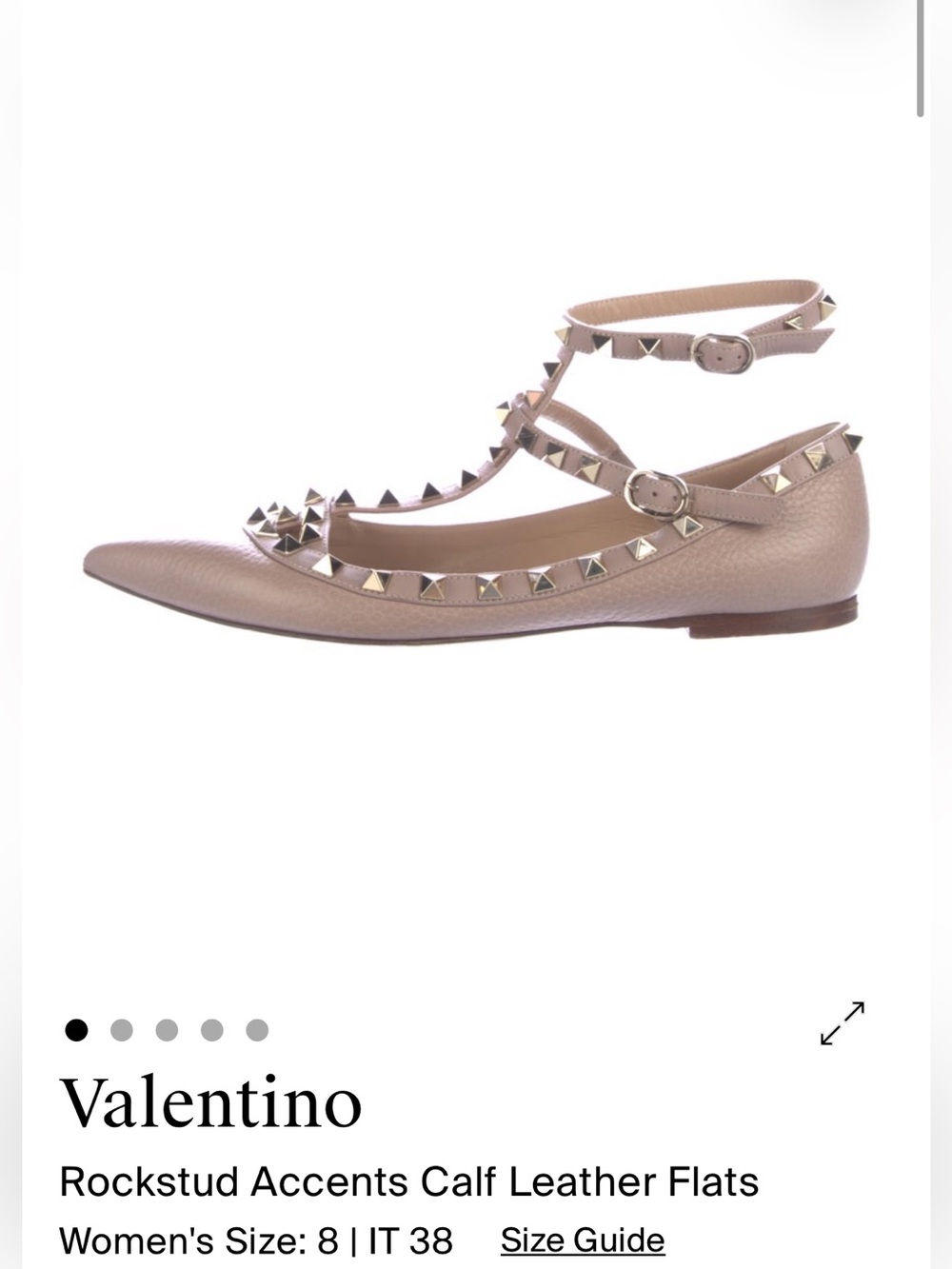 Valentino Garavani Studded Pointed-Toe T-Strap Flats in Taupe with dust bag